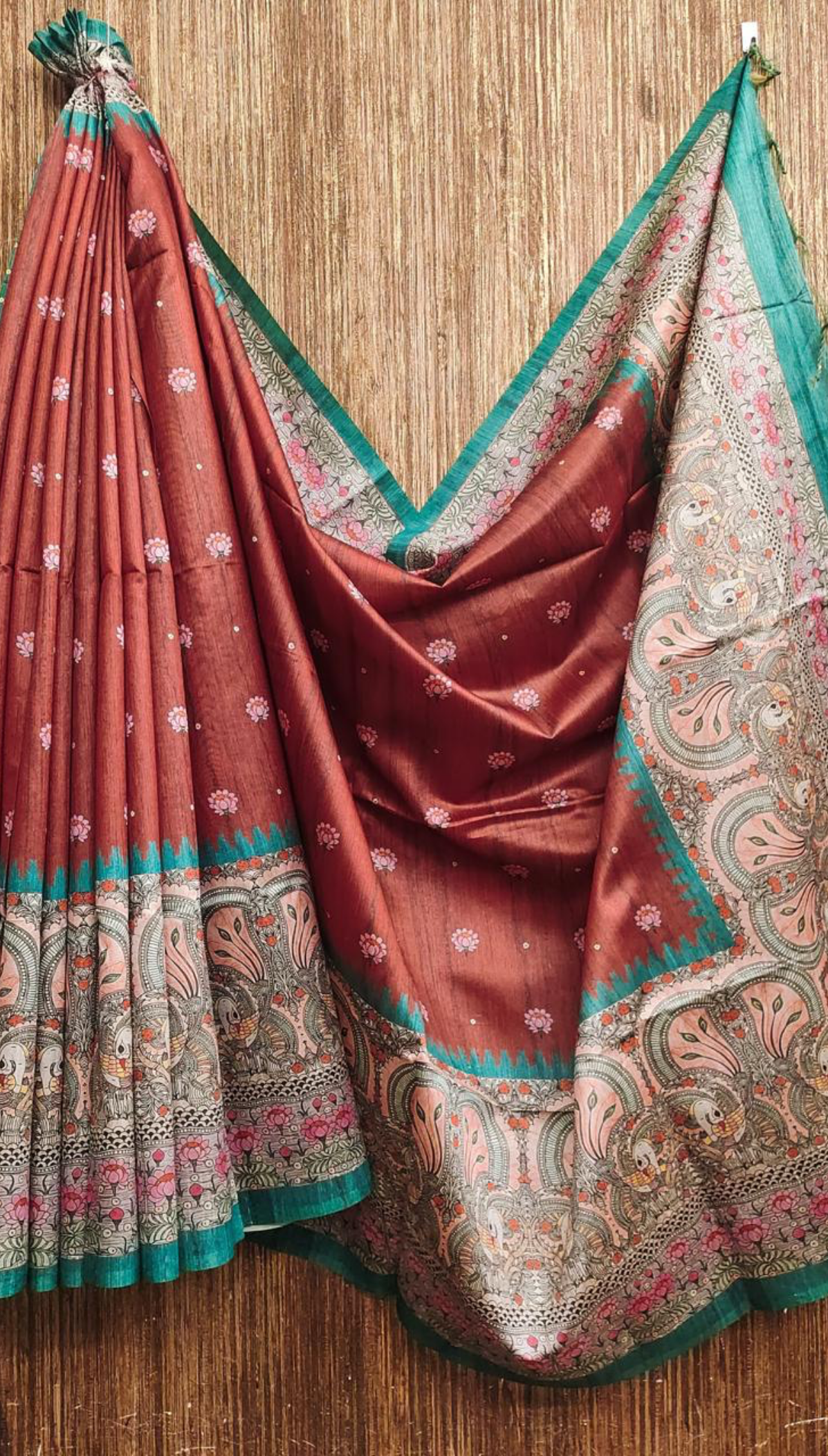 Madhubani Print Tussar Silk Saree - Red