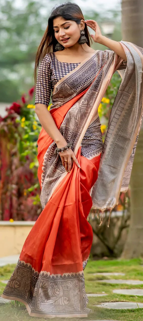 Madhubani Print Tussar Silk Saree