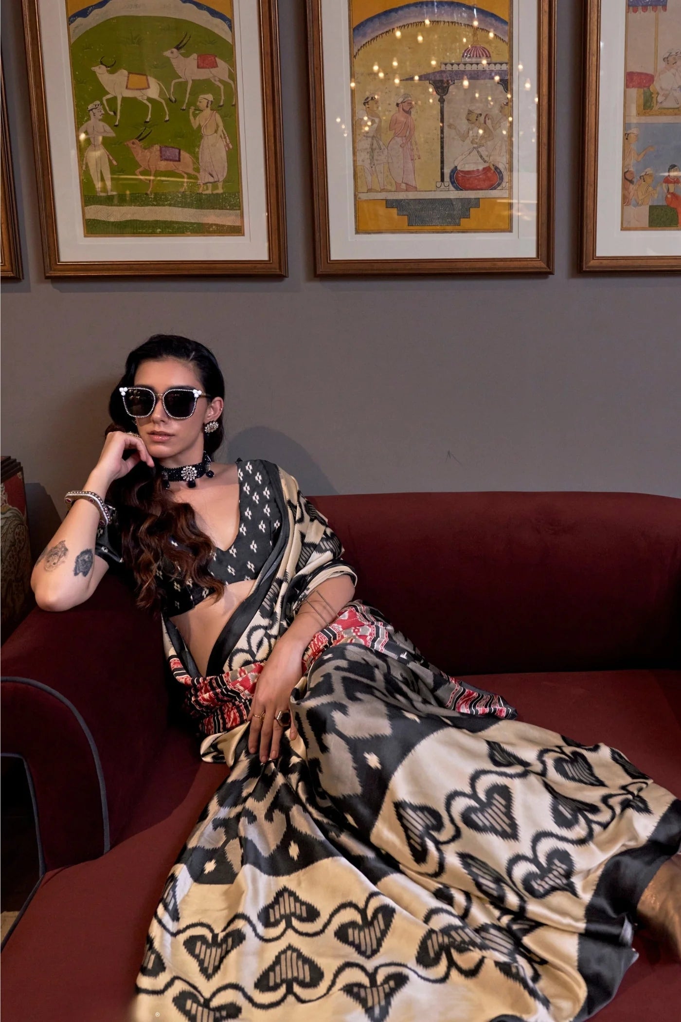 Ikat Print Satin Silk Saree - Black