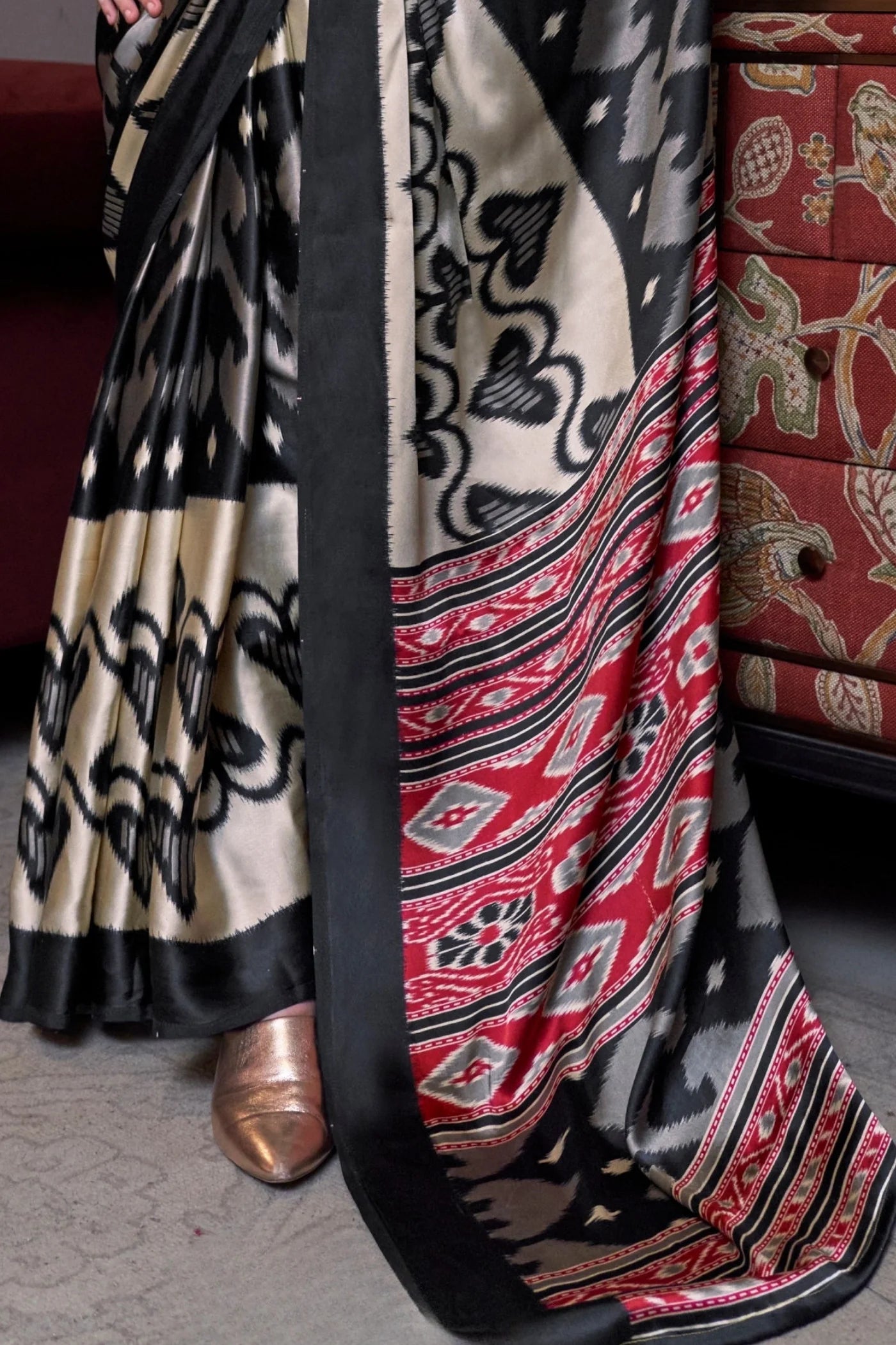 Ikat Print Satin Silk Saree - Black