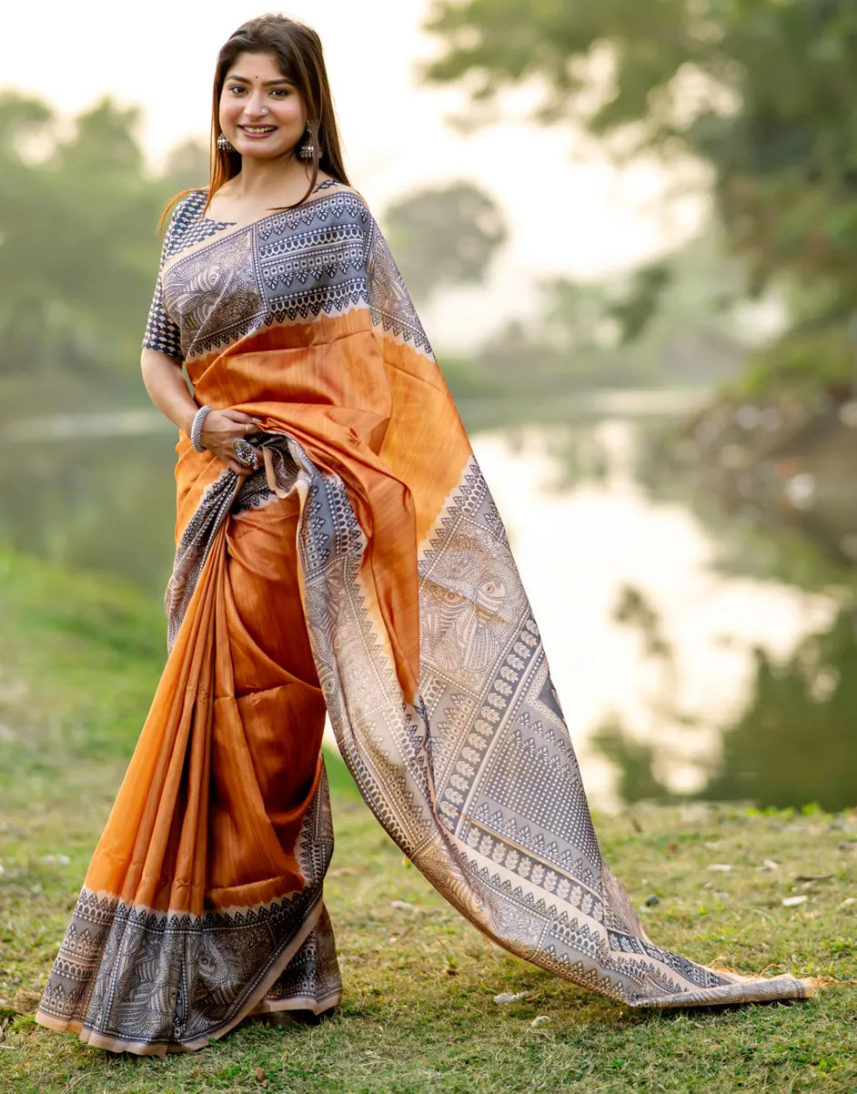 Madhubani Print Tussar Silk Saree