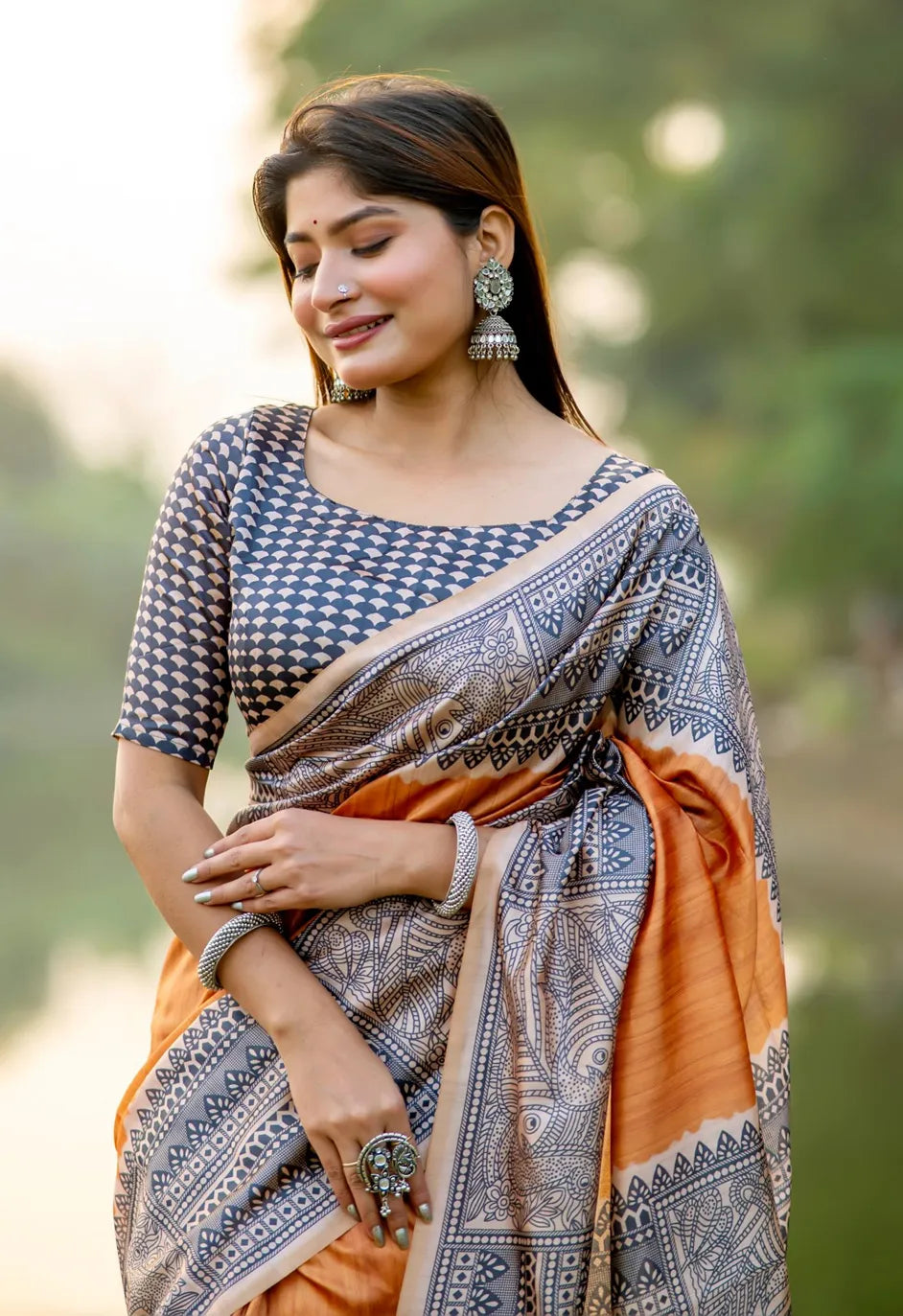 Madhubani Print Tussar Silk Saree