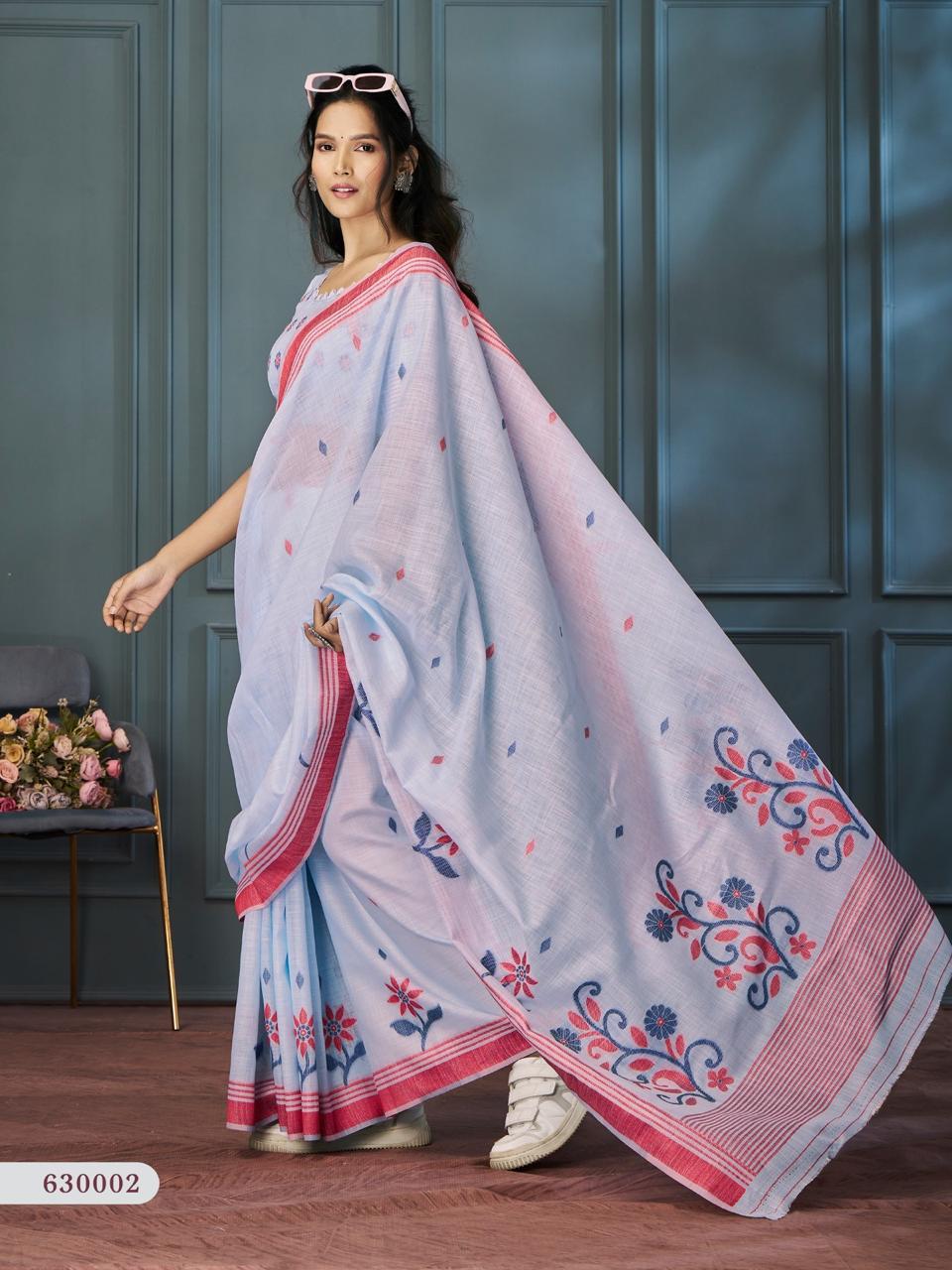 Woven Floral Soft Cotton Saree - Blue