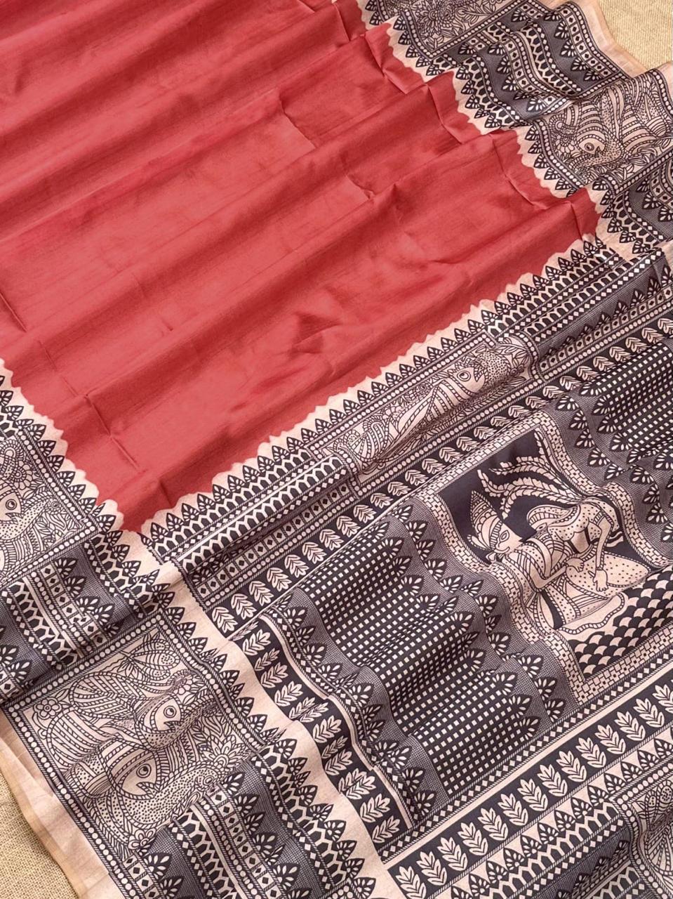 Madhubani Print Tussar Silk Saree