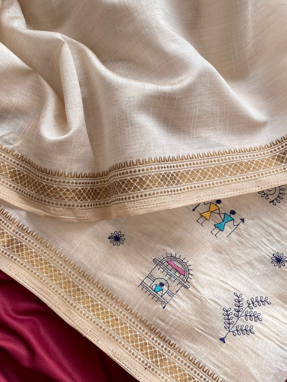 Warli Embroidered Cotton Zari Saree