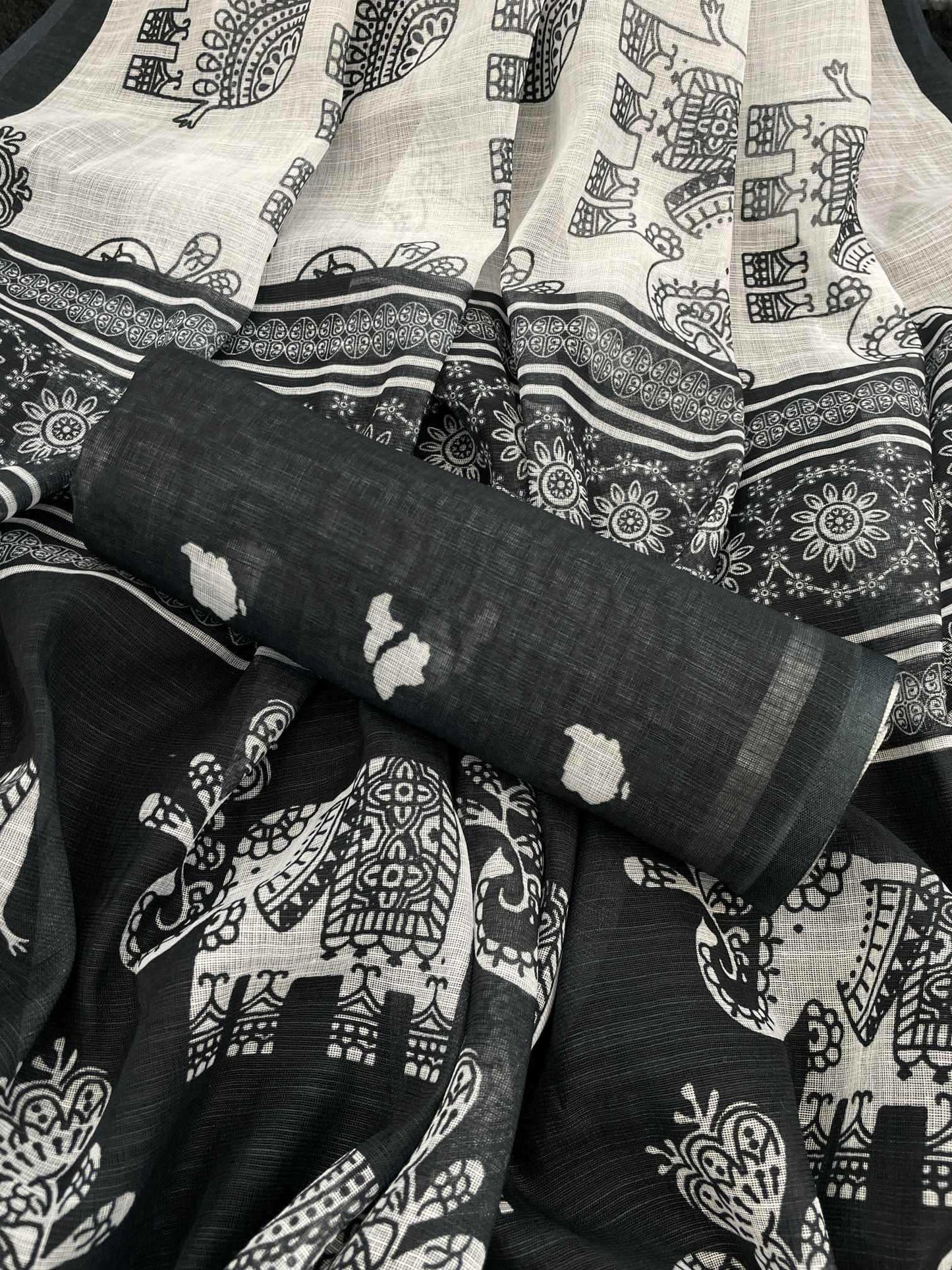 Cotton Linen ELephant Print Saree