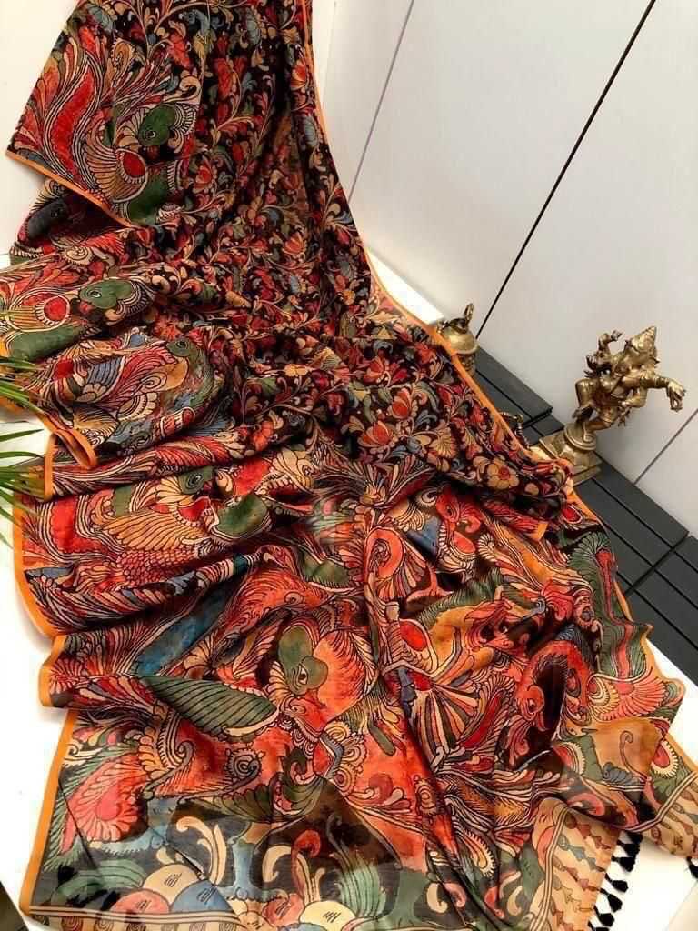Linen Digital Print Saree With Kalamkari Print