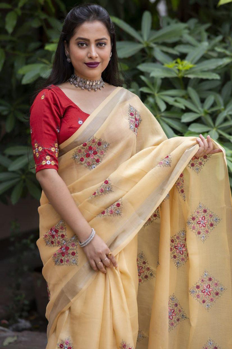 Yellow Linen Floral Embroidery Saree