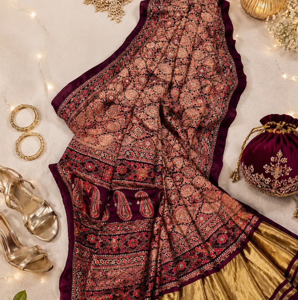 Ajrakh Gajji Silk Saree with Mirror Work