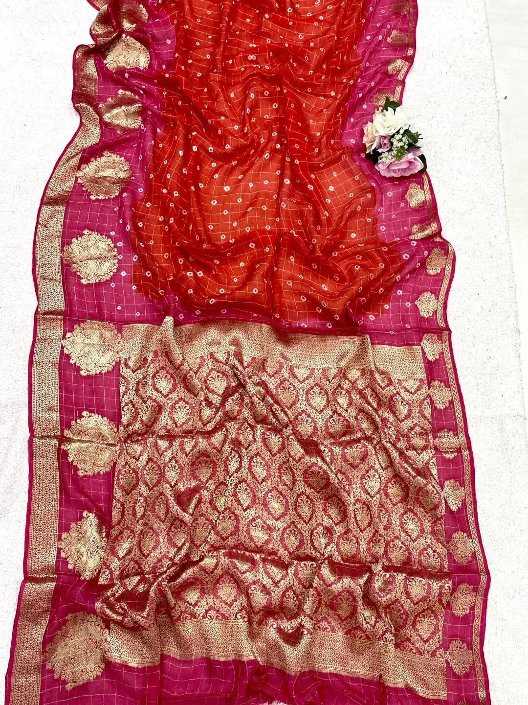 Orange Bandhej Silk Saree with Zari Border