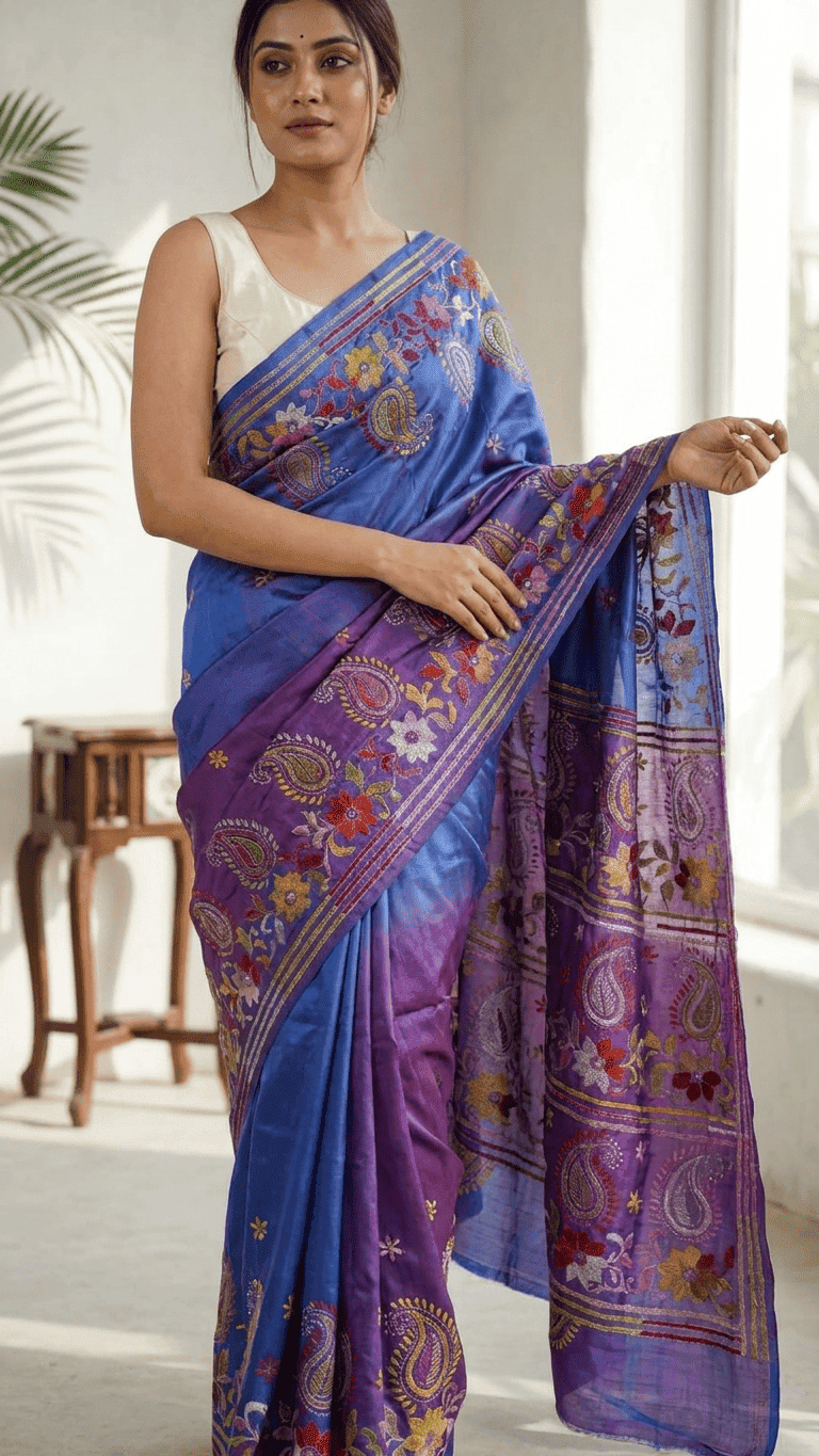 Royal Blue Floral Kantha Stitch Silk Saree