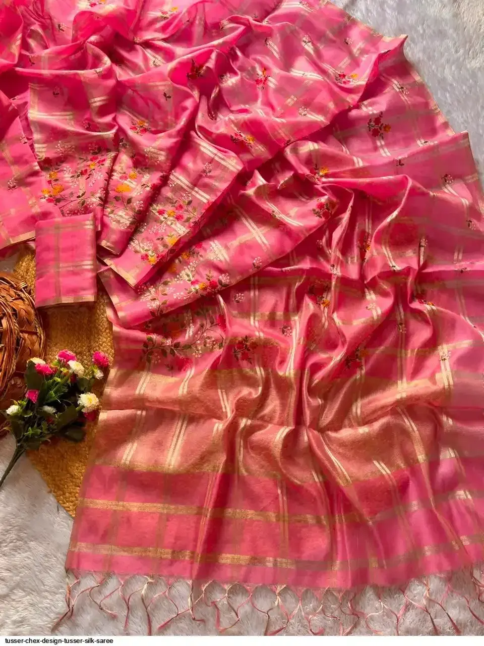 Tussar Checks Floral Embroidery Saree