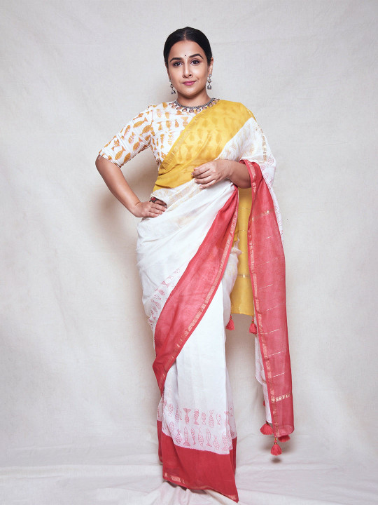 White Red Fish Motif Cotton Chanderi Saree