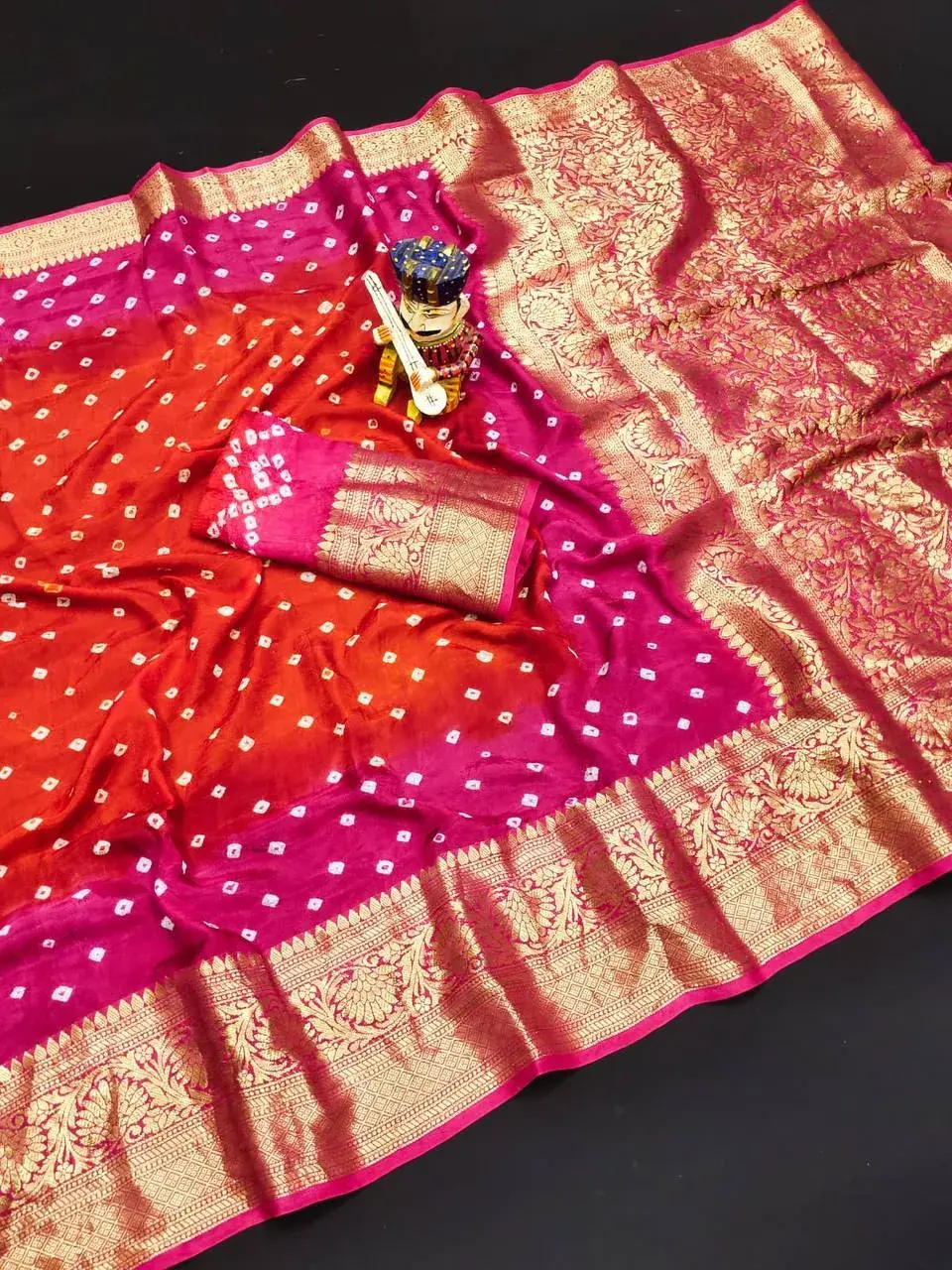 Pink Multi Bandhani Saree with Zari Border