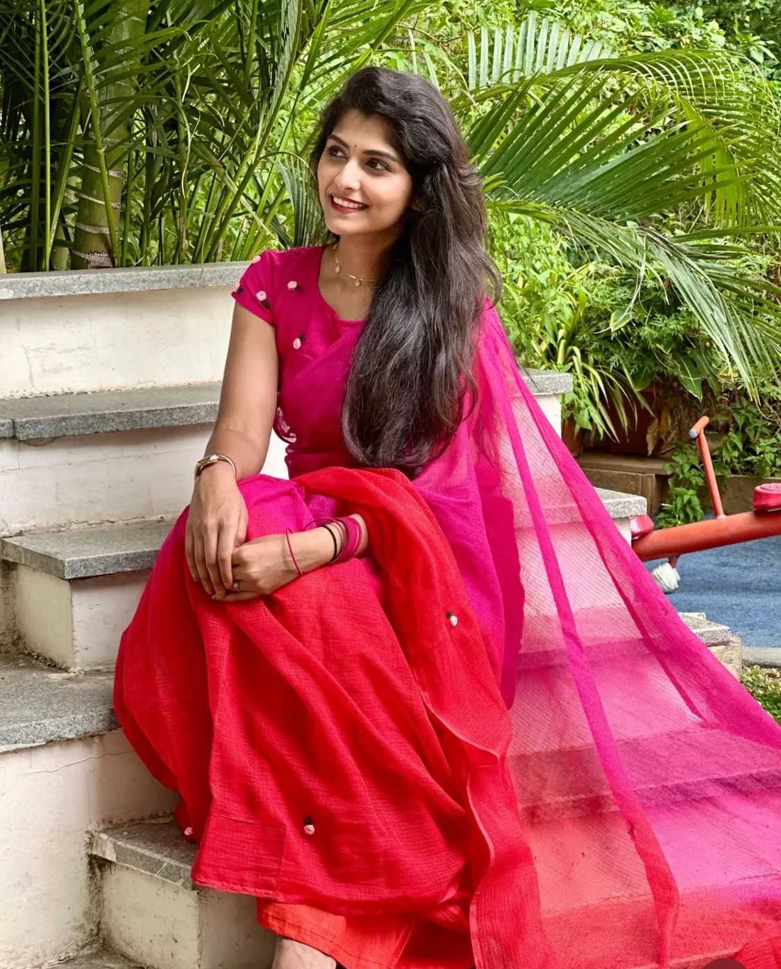 Pink Ombre Hand Embroidery soft cotton saree