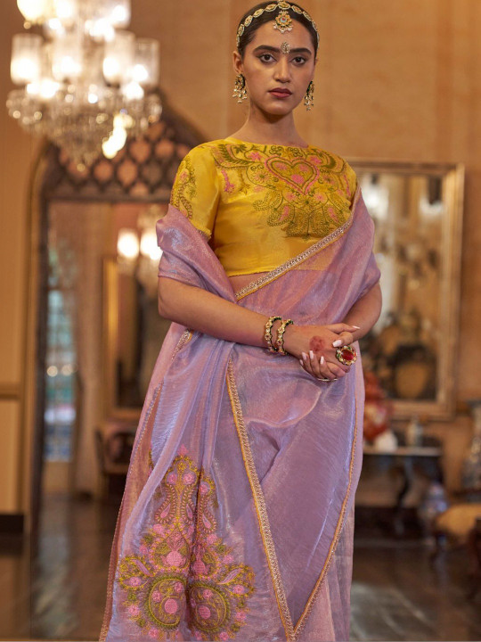 Purple Paisley Embroidered Silk Blend Saree