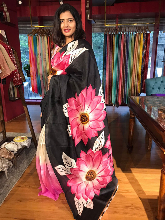 Black Floral Printed Print Saree