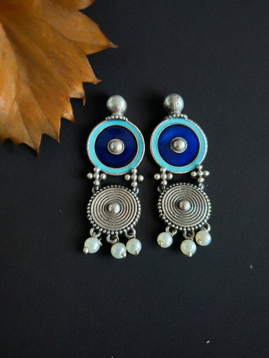 Tribal blue and white oxidised long earrings