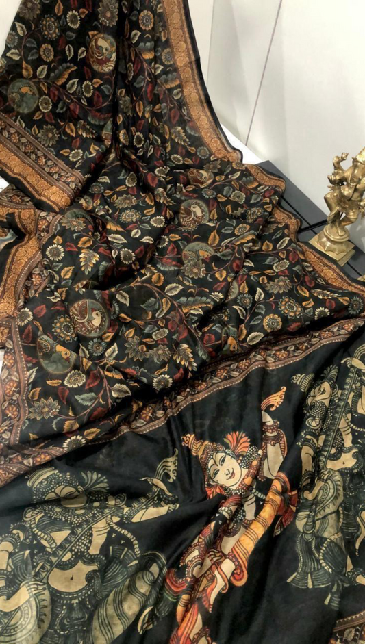 Kalamkari Print Kota Doriya Saree - Black Multi