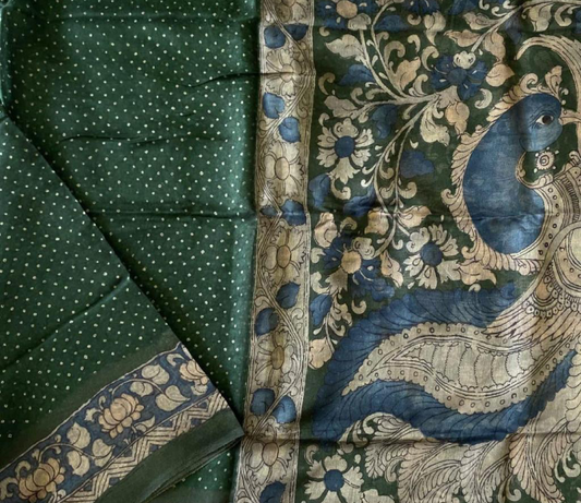 Kalamkari Print Soft Silk Saree - Green