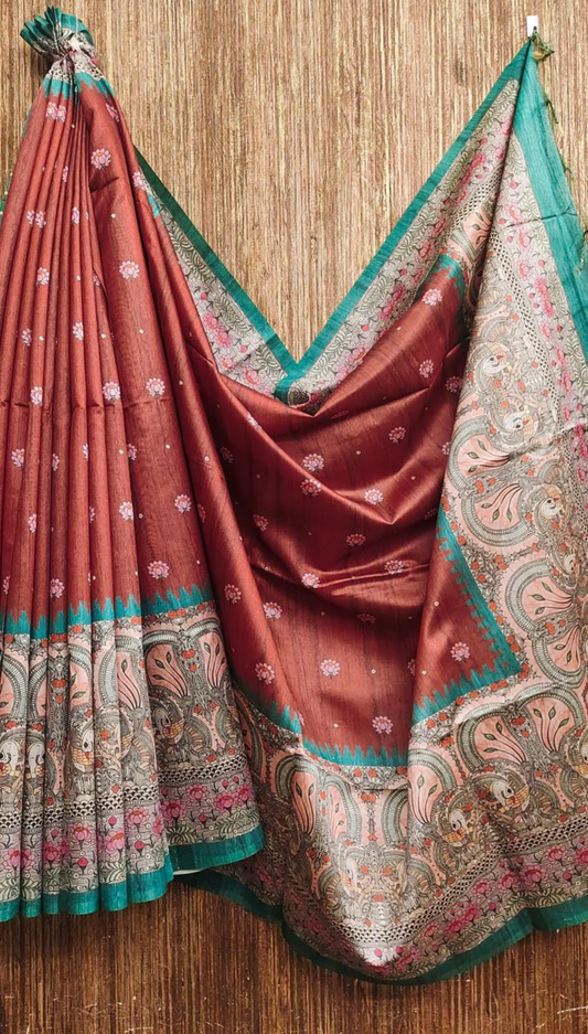 Madhubani Print Tussar Silk Saree - Red