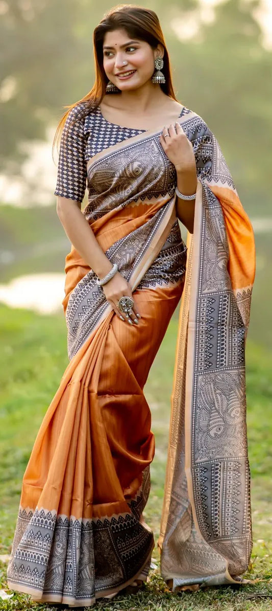 Madhubani Print Tussar Silk Saree