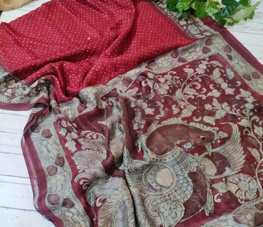 Kalamkari Print Soft Silk Saree - Red