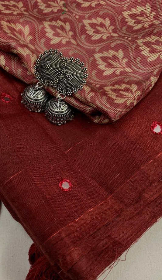 Mirror Work Handloom Linen Saree - Maroon