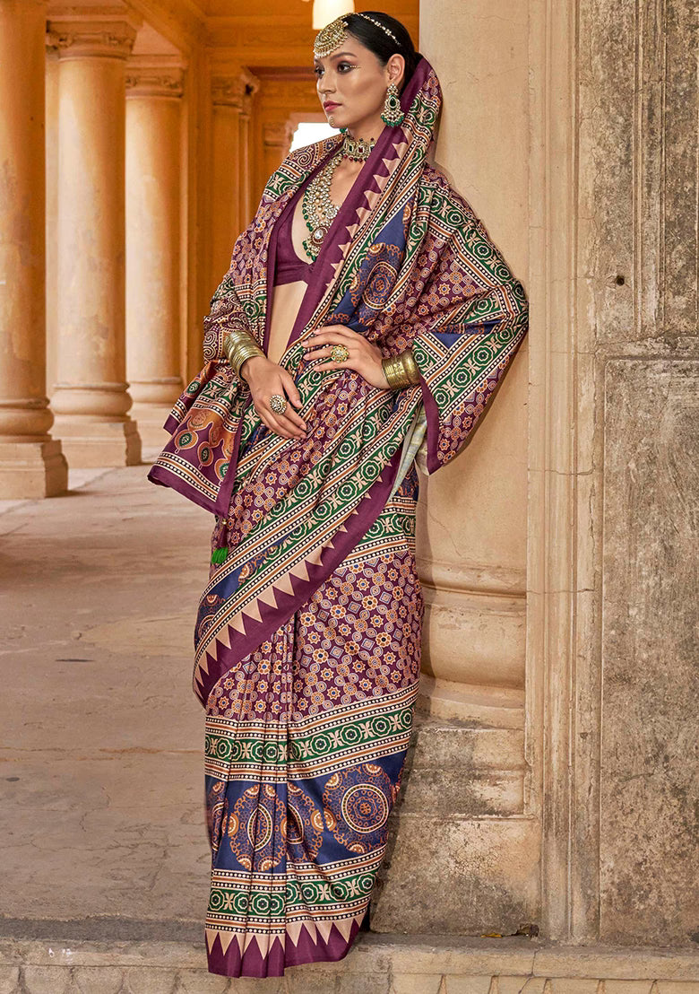Ajrakh Print Silk Saree