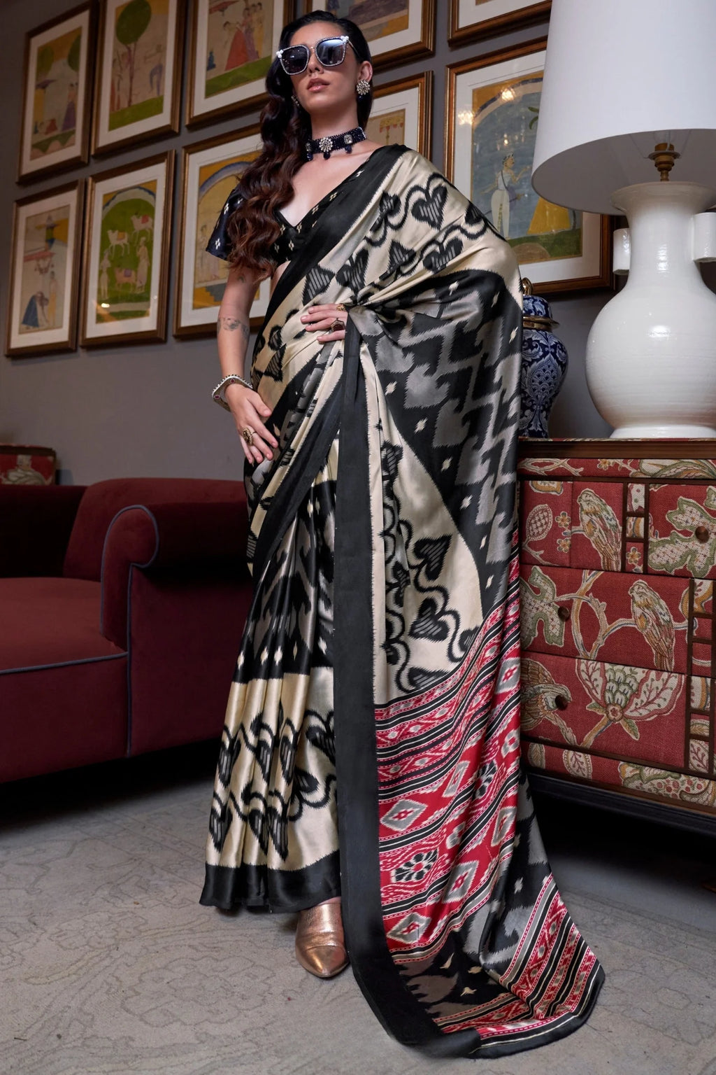 Ikat Print Satin Silk Saree - Black