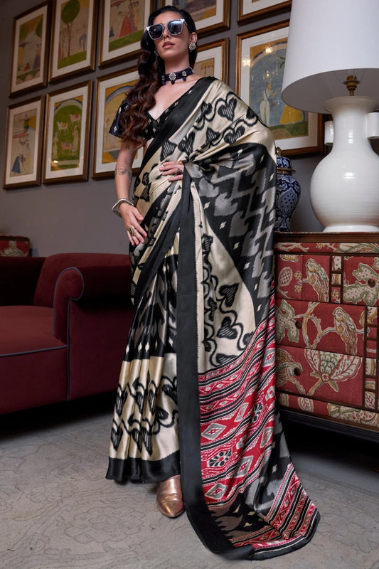 Ikat Print Satin Silk Saree - Black