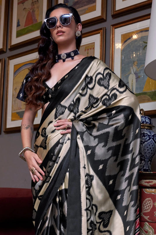 Ikat Print Satin Silk Saree - Black