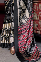 Ikat Print Satin Silk Saree - Black