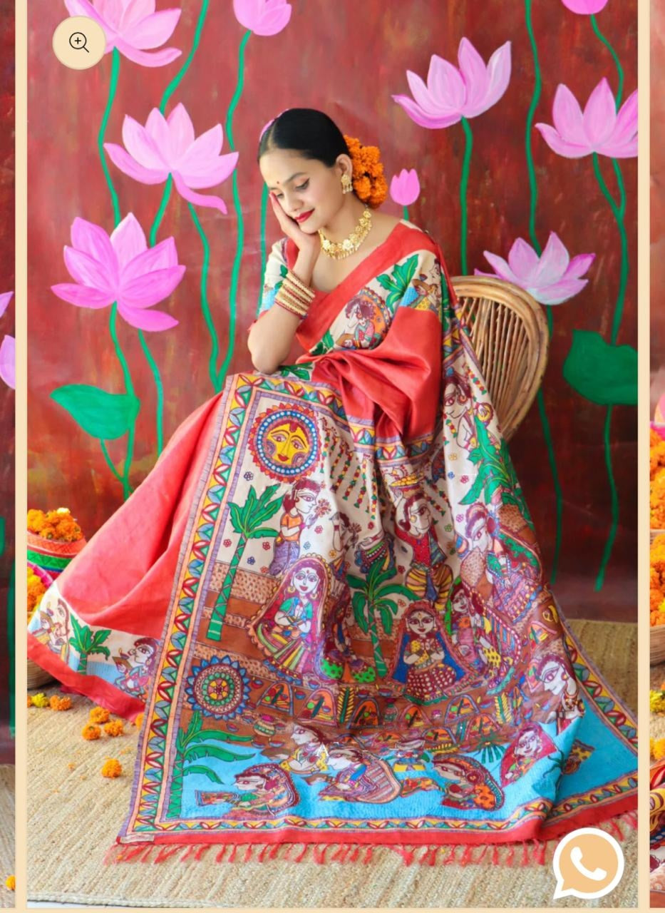 Ghicha Silk Madhubani Saree- Red