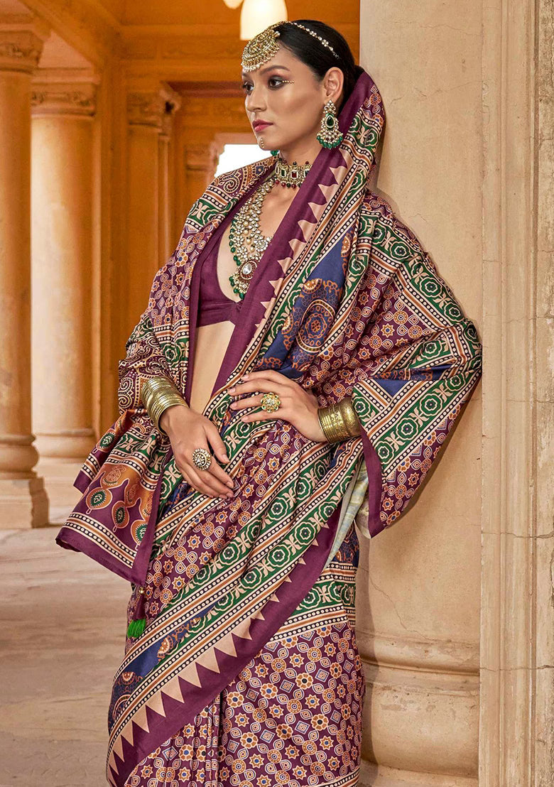 Ajrakh Print Silk Saree