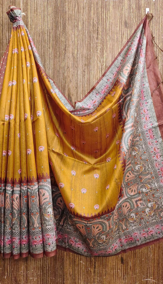 Madhubani Print Tussar Silk Saree - Yellow