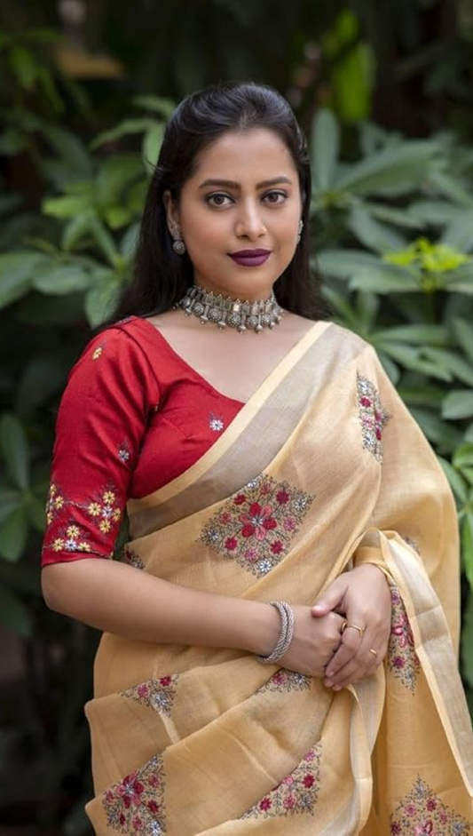 Embroidered Handloom Linen Saree - Yellow