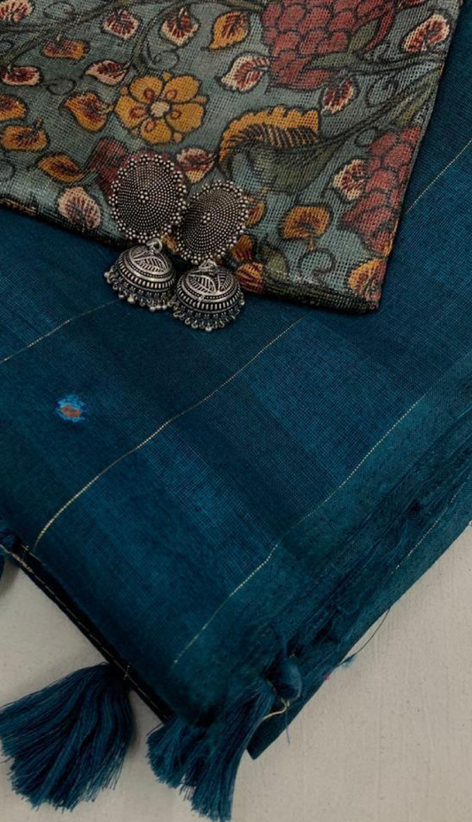 Mirror Work Handloom Linen Saree - Blue