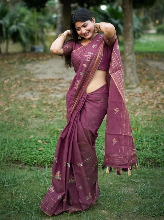 Embroidered cotton saree- Magenta