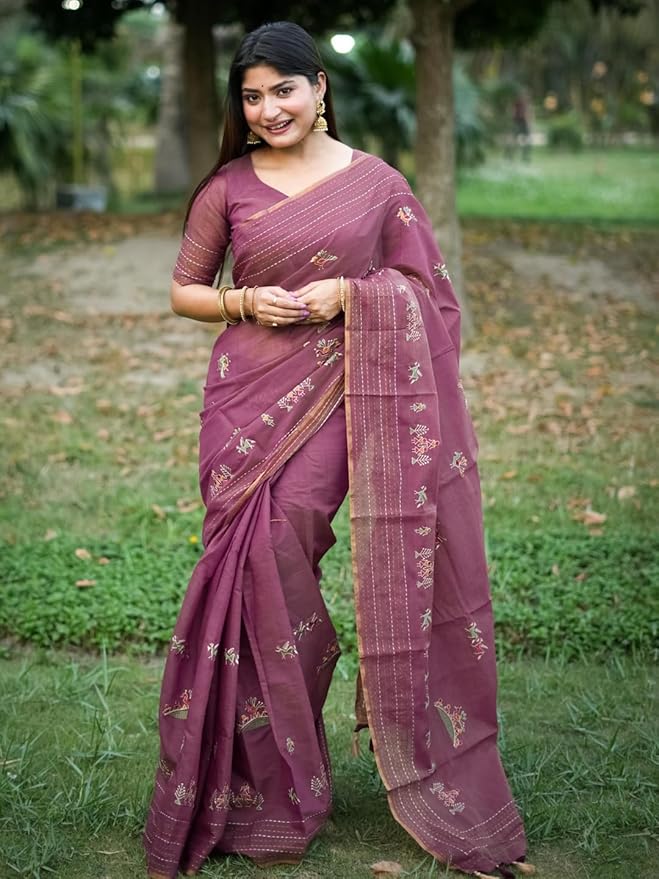 Embroidered cotton saree- Magenta