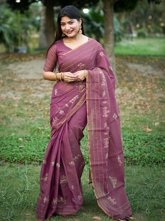 Embroidered cotton saree- Magenta