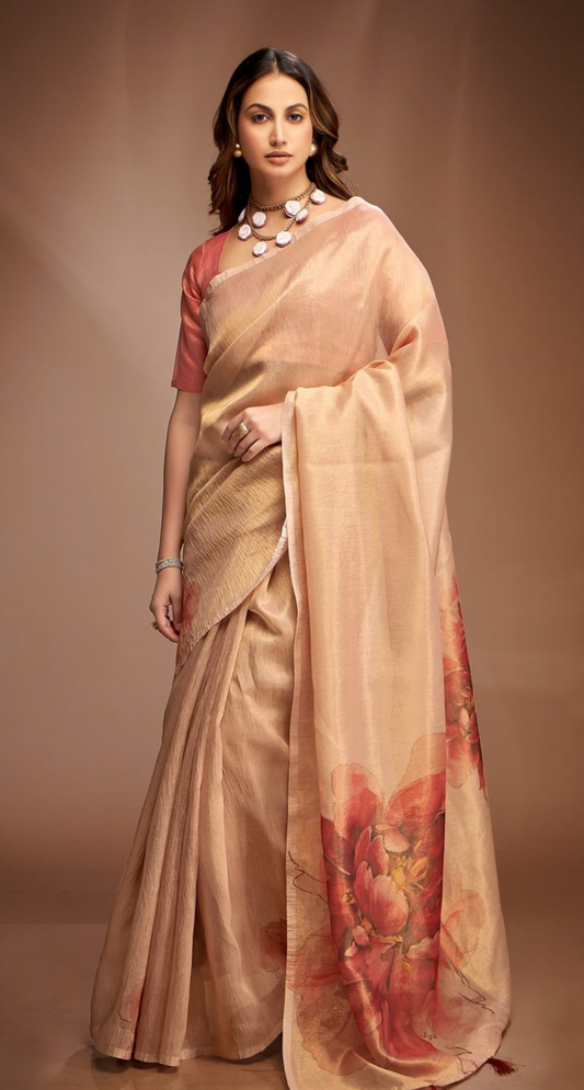 Big Floral Crushed Tissue Saree - Beige
