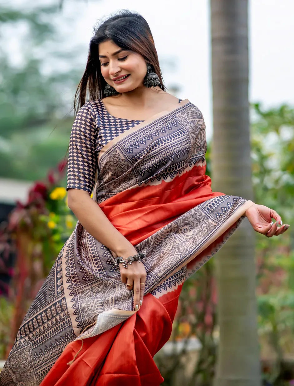 Madhubani Print Tussar Silk Saree