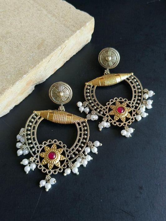 Dual Tone Oxidised Pearl Earrings