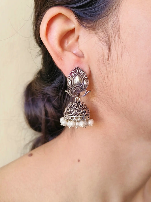 Elegant German Silver Pearl Jhumka Earrings with Intricate Floral Design