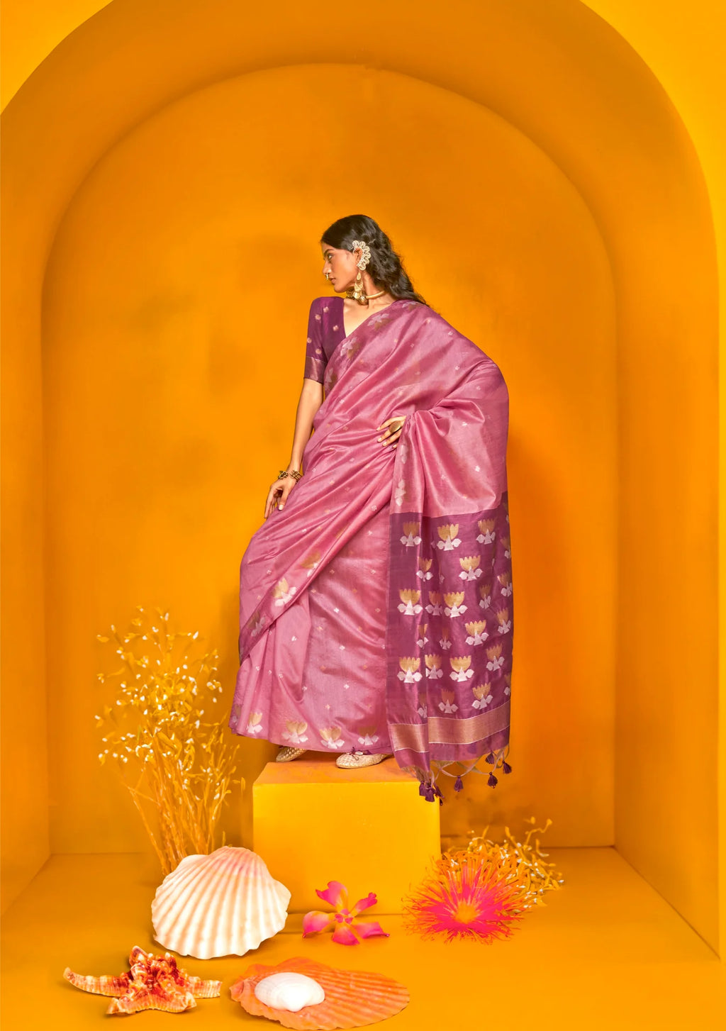 Pink Handloom Tussar Silk Saree