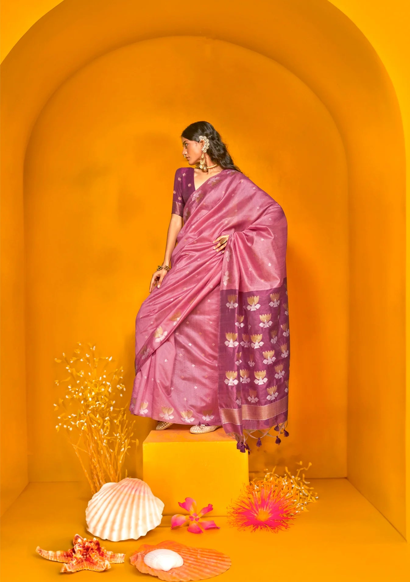 Pink Handloom Tussar Silk Saree