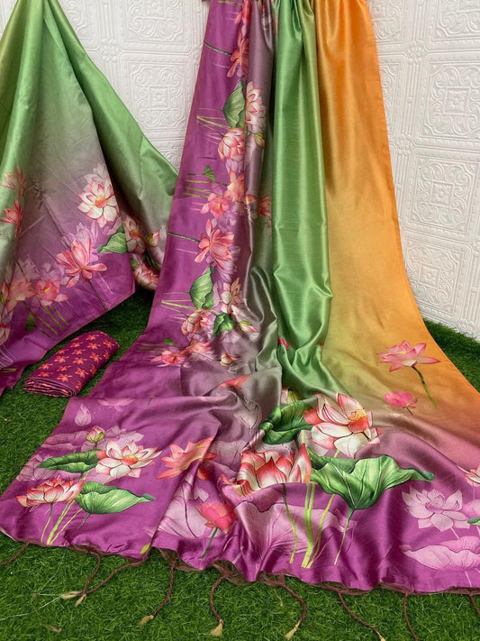 Pichwai Print Soft Silk Saree - Multicolour