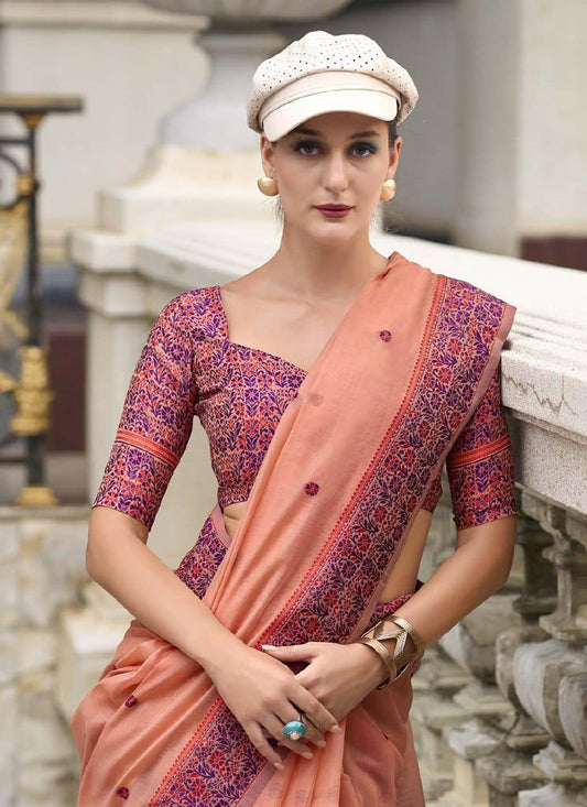 Woven Floral Soft Cotton Saree - Peach