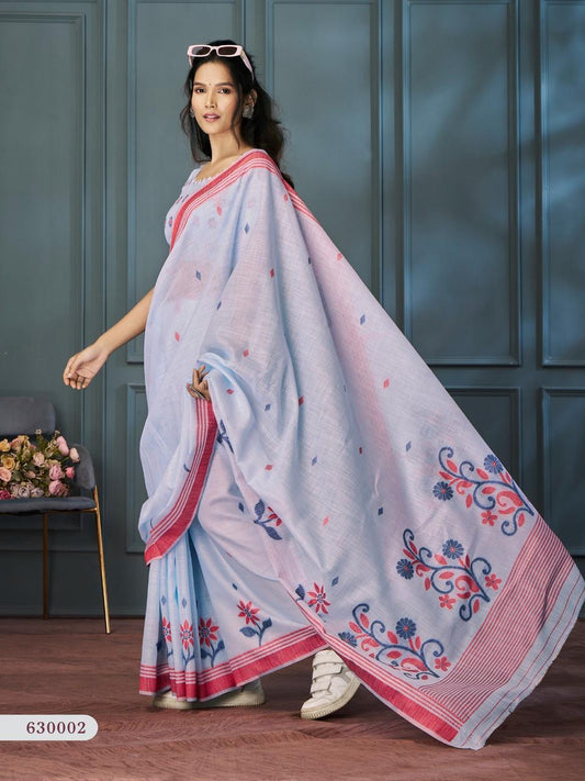 Woven Floral Soft Cotton Saree - Blue
